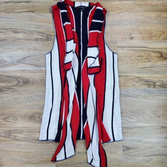 🔹️Serendipity Red, Blue, & White Striped Sleeveless Cardigan Large - Picture 2 of 12